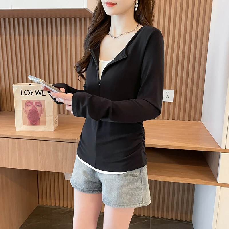 小众收腰褶皱假两件长袖T恤女2025秋季不规则拼接撞色显瘦上衣ins