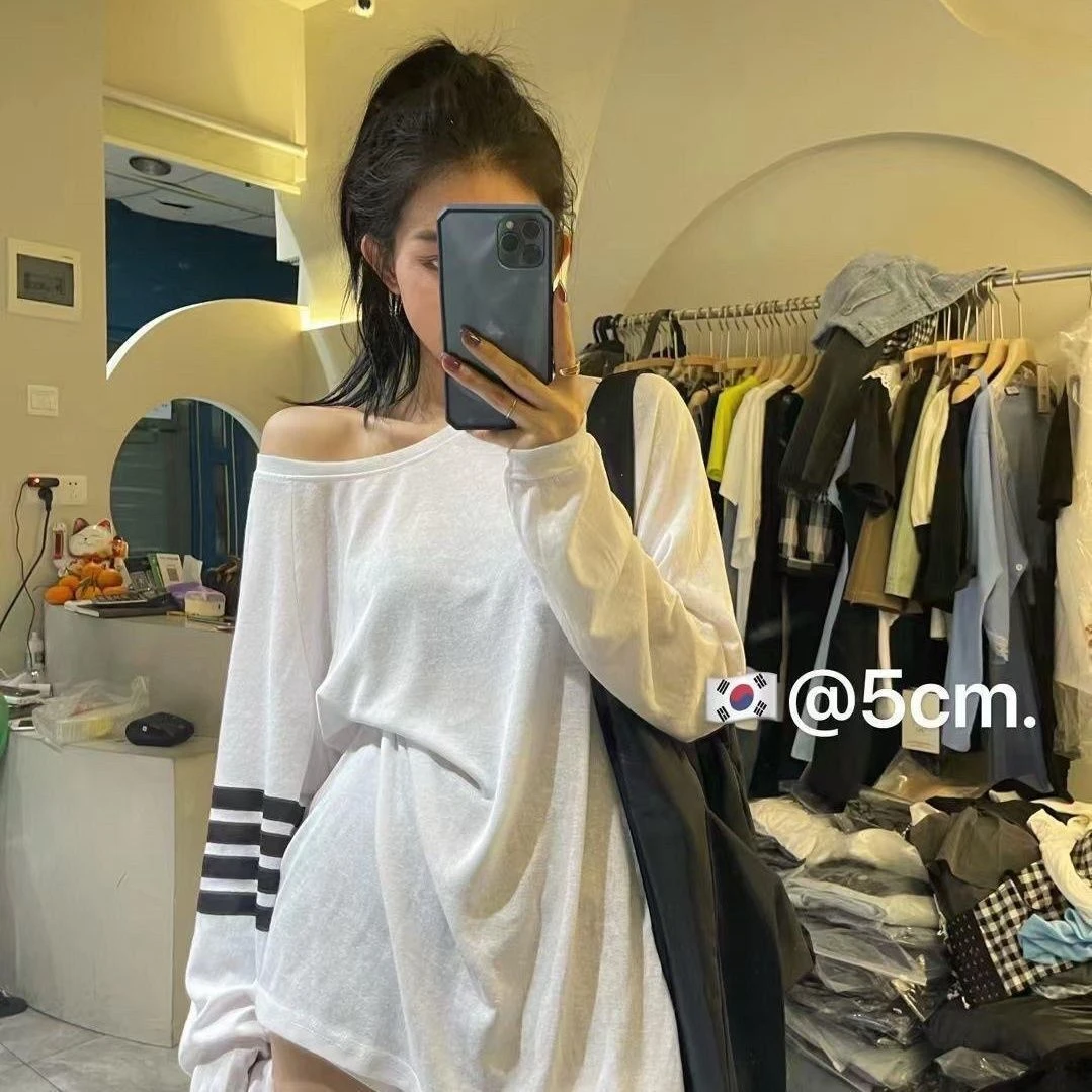 中长款长袖T恤女夏薄纱欧货大版白色罩衫冰丝空调衫条纹上衣