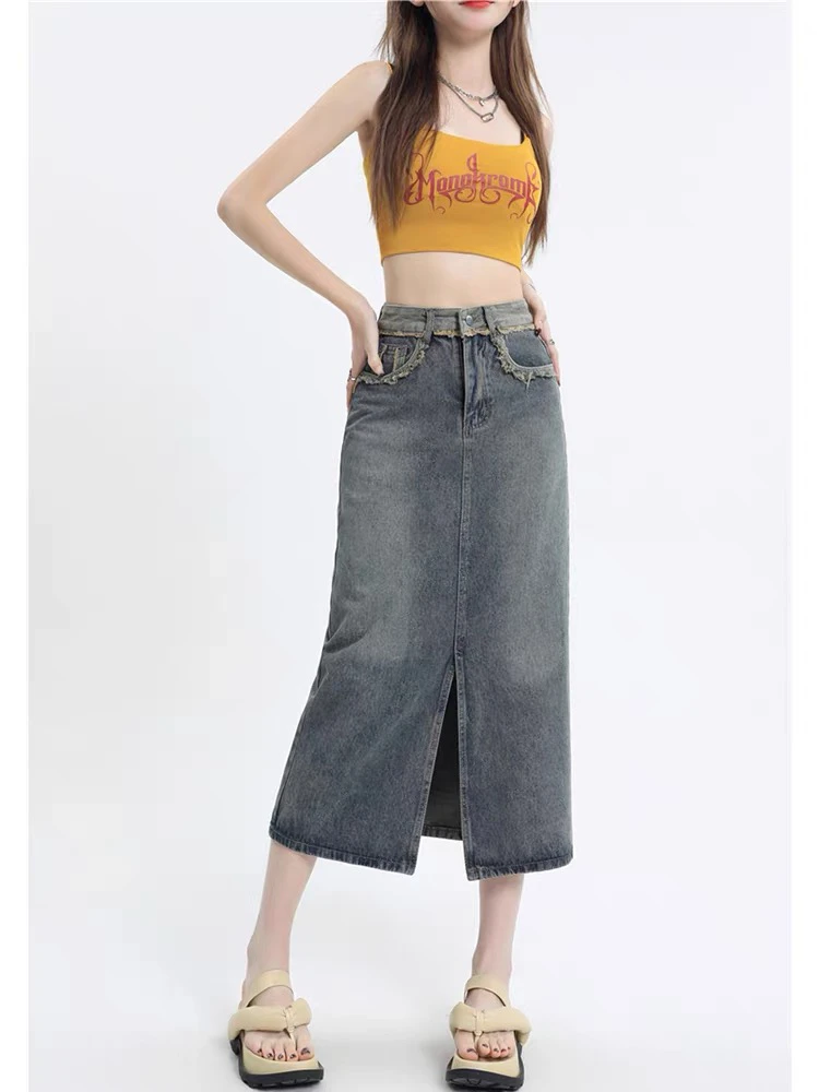 夏季新款高腰设计感小众毛边开叉A字牛仔半身裙小个子蓝色裙子女