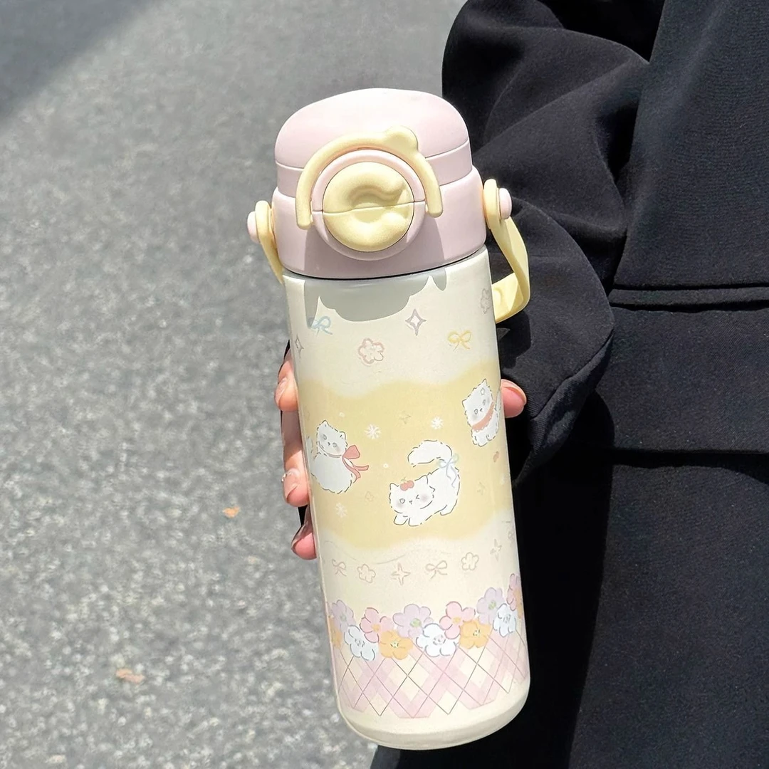 可爱保温杯女生高颜值不锈钢吸管杯大容量新款学生便携双饮杯Q