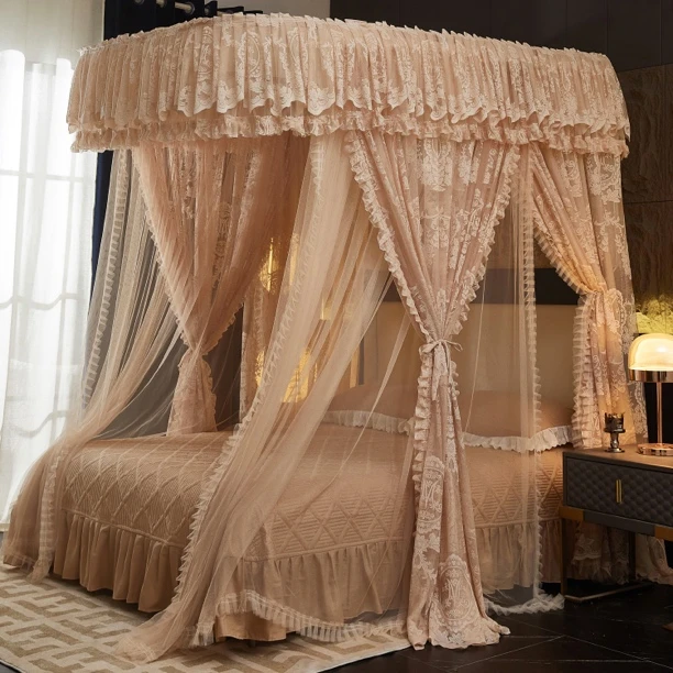 家用卧室加厚加粗一体式公主风三开门双层导轨落地提花蚊帐系列玥