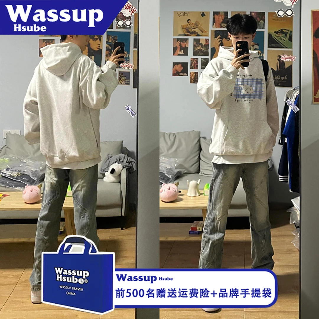 WASSUP HSUBE宽松潮流印花线条美式小狗长袖秋冬字母情侣上衣休闲