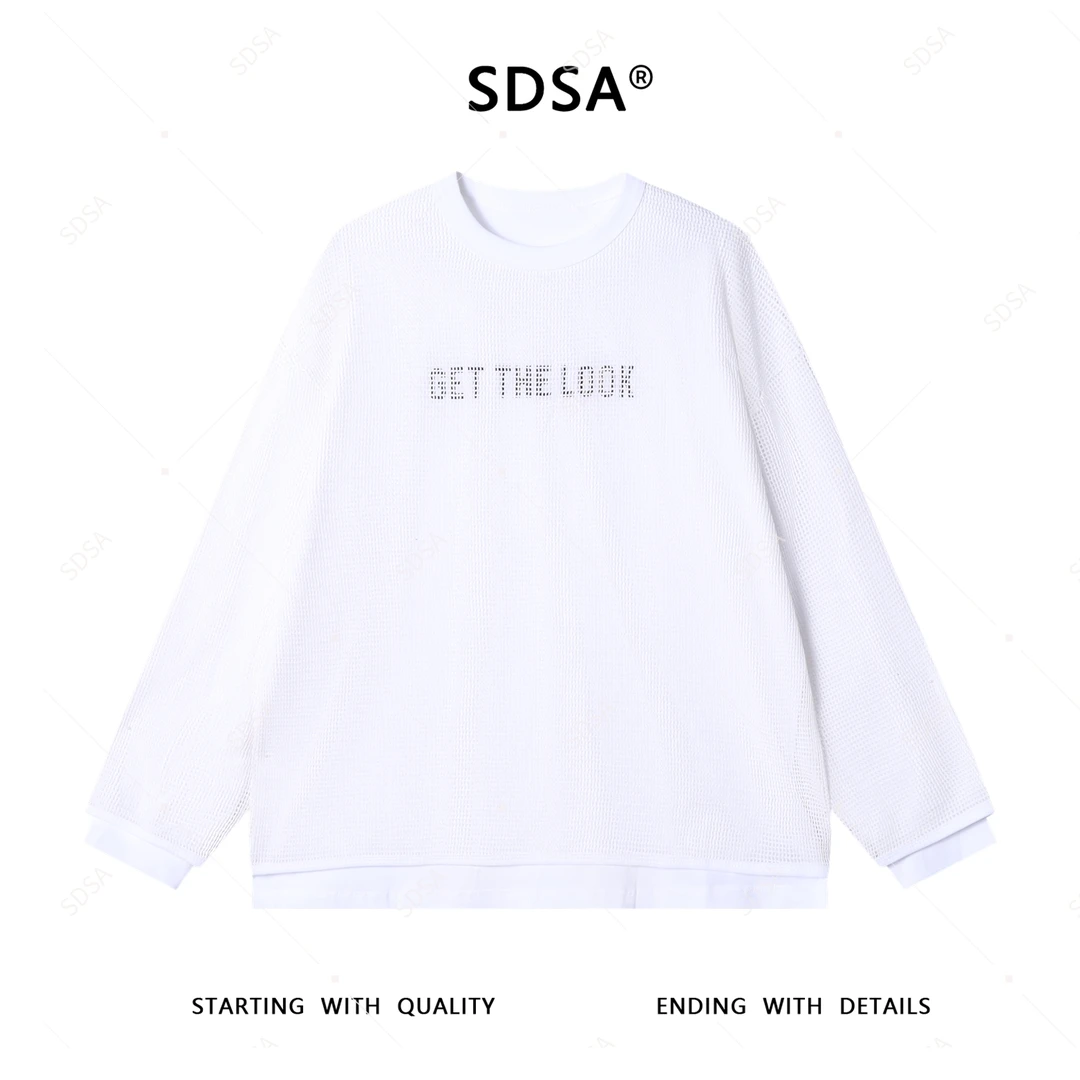 SDSA男士2025新款轻奢痞帅男装字母印花假两件圆领T恤网格潮牌