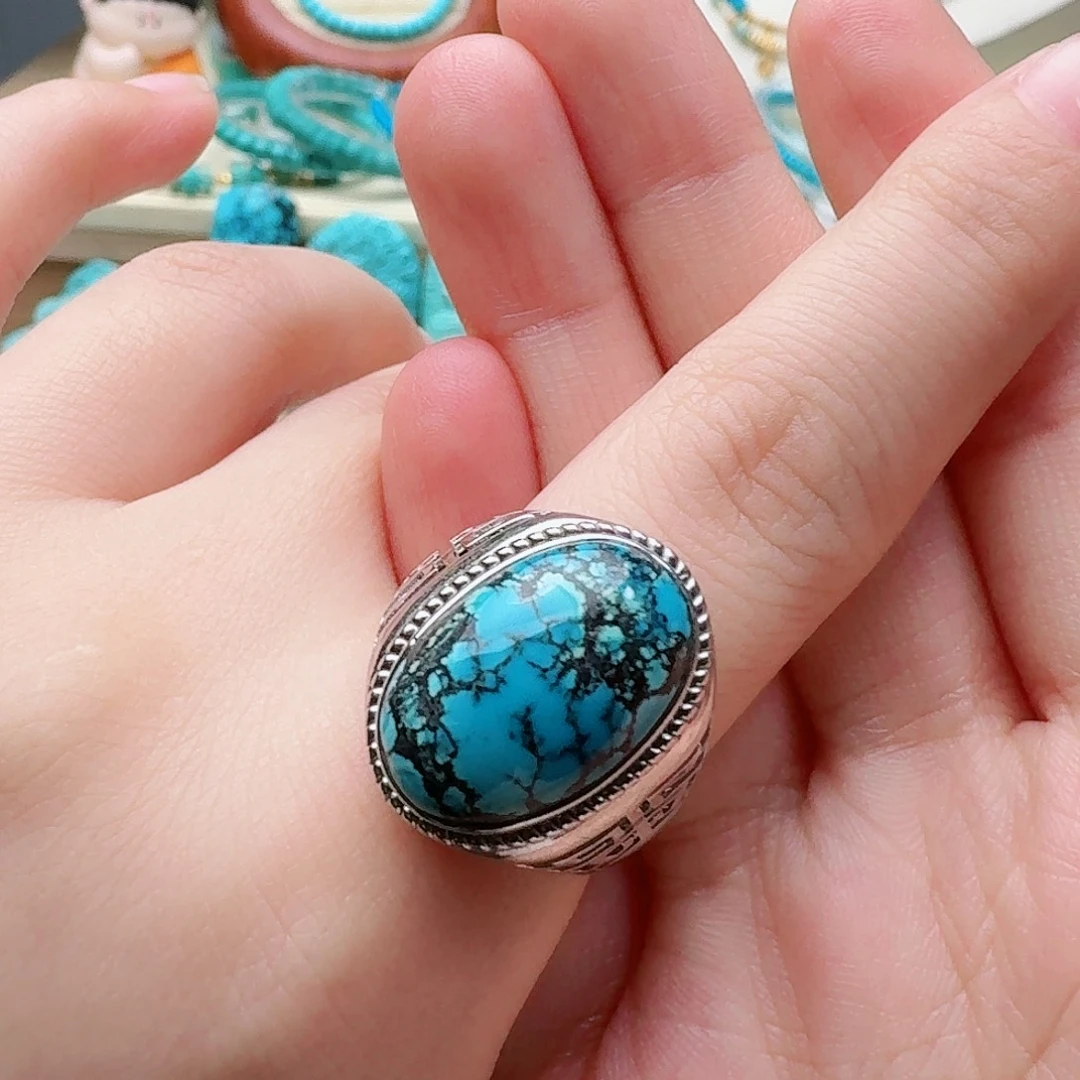 绿松石银S925镶嵌高瓷蓝网花大蛋面男戒