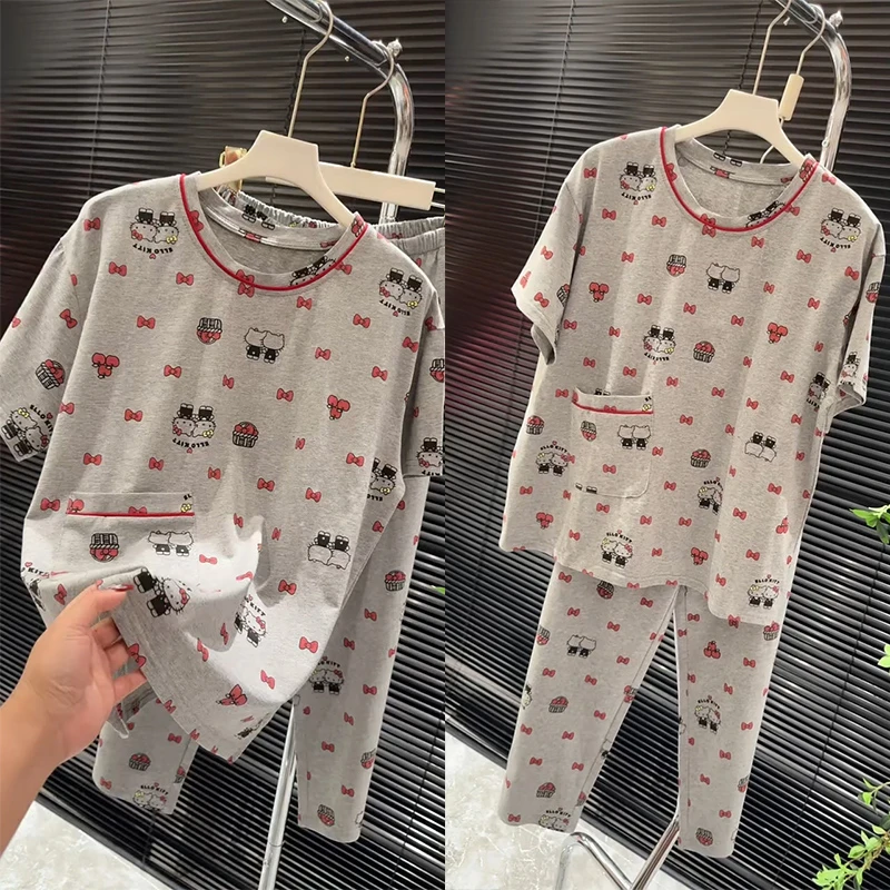 春秋新款卡通印花薄款睡衣女士短袖通用圆领休闲宽松家居服套装