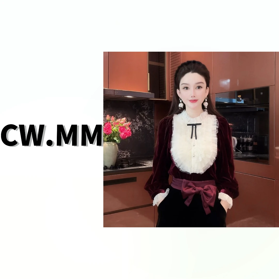 --CW.MM【千金归来】浆果红- 重工丝绒拼接时尚法式宽松上衣