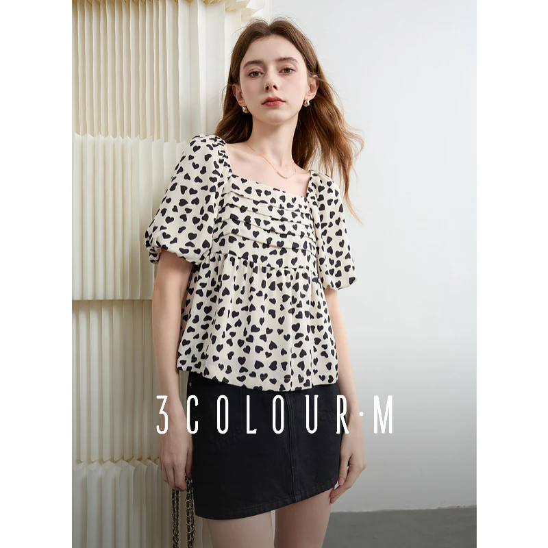 三彩2025春季新款爱心印花小衫法式方领灯笼袖上衣甜美M