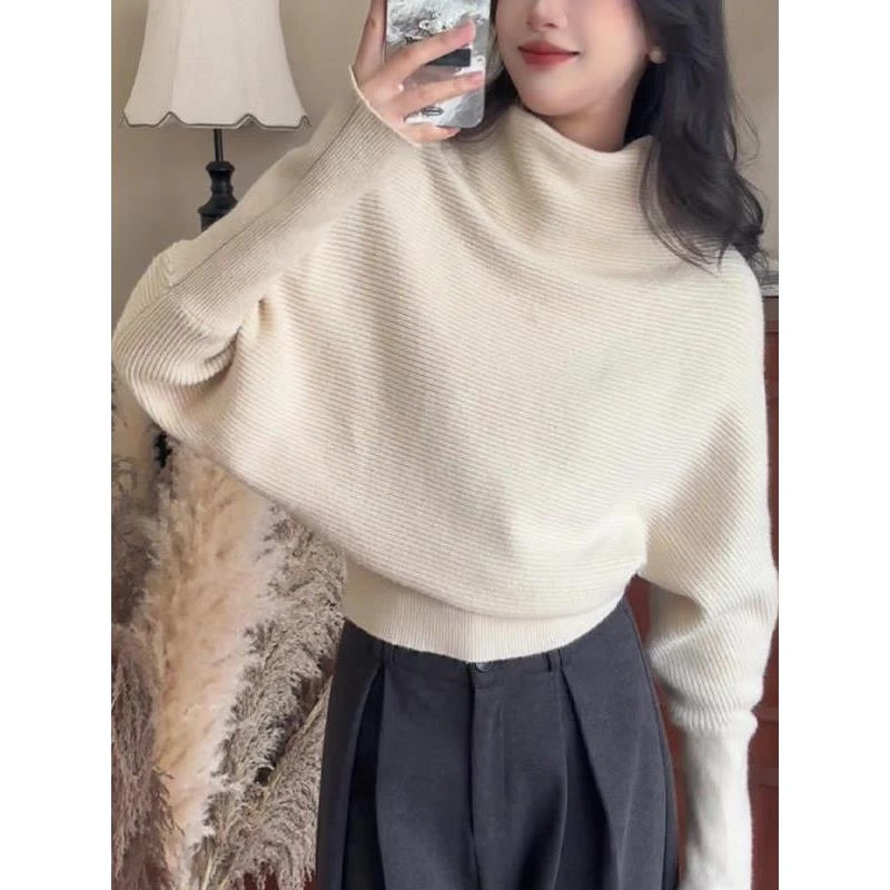 高领蝙蝠袖气质收腰慵懒风毛衣女初秋宽松显瘦韩系套头长袖针织衫