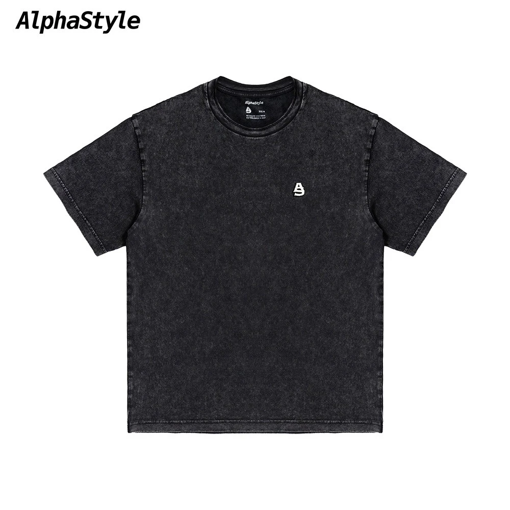 AlphaStyle春夏季新款Riley雪洗T恤短袖做旧男女同款时尚百搭纯棉