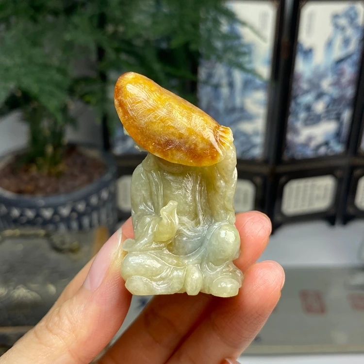 毛货 红黄翡俏色侠客摆件 天然翡翠A货