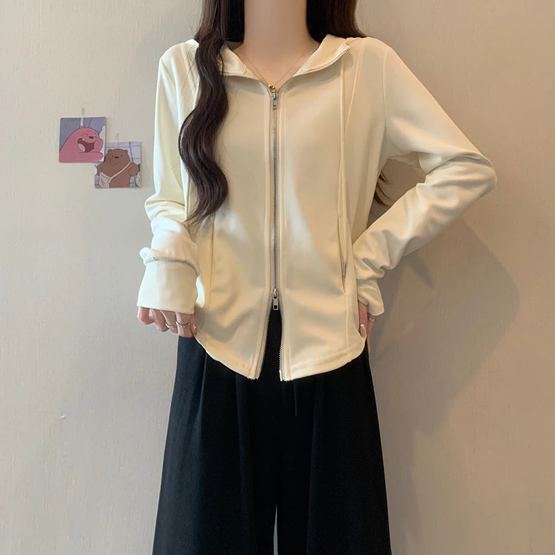 大码胖mm设计感小众上衣女秋季别致显瘦双拉链开衫卫衣外套16011