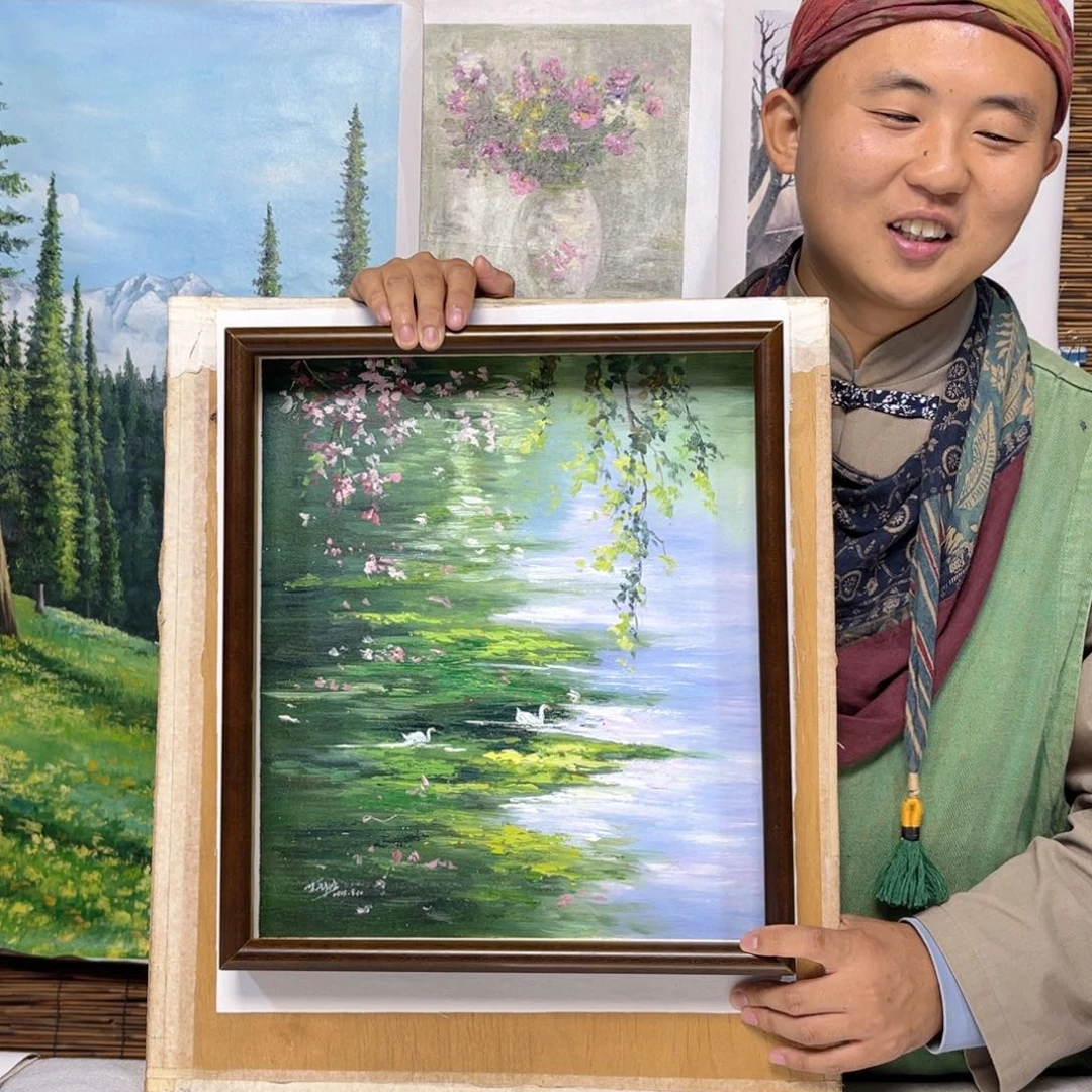 油画行路人小院绘画作品竞拍