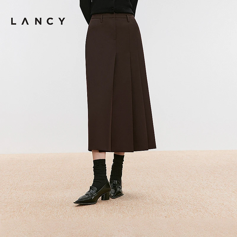 LANCY/朗姿冬新款不规则压褶高腰长款半身裙设计感时尚半裙女