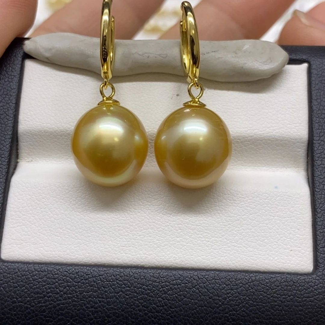 银S925镶嵌耳饰海水珍珠金珠耳饰12.9m m