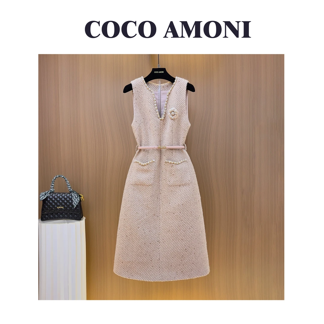 [曼姐]秋冬季时尚设计师爆款女装拼接收腰显瘦气质连衣裙WXH1267