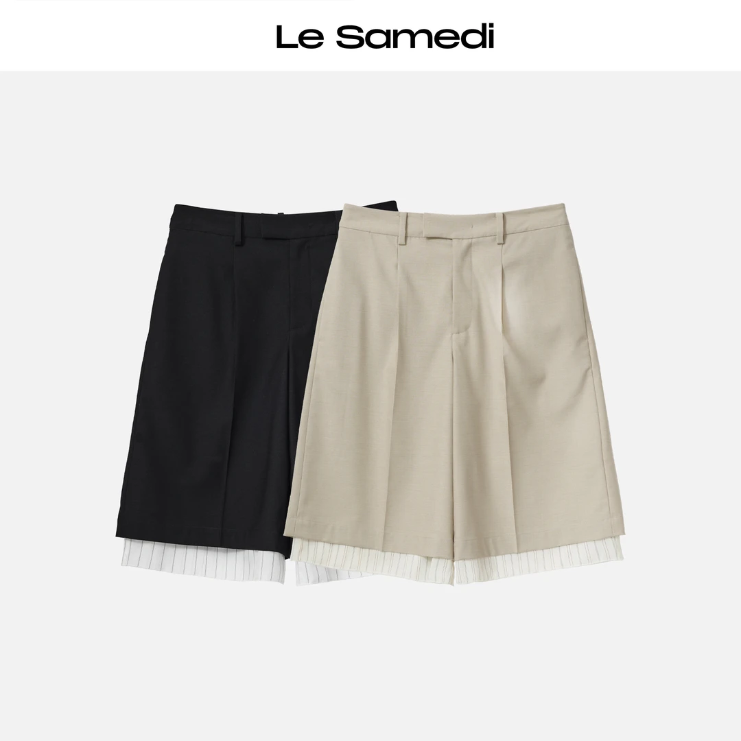 Le Samedi【飒爽百慕大】智感雅痞 假两件一字腰头中裤百慕大短裤