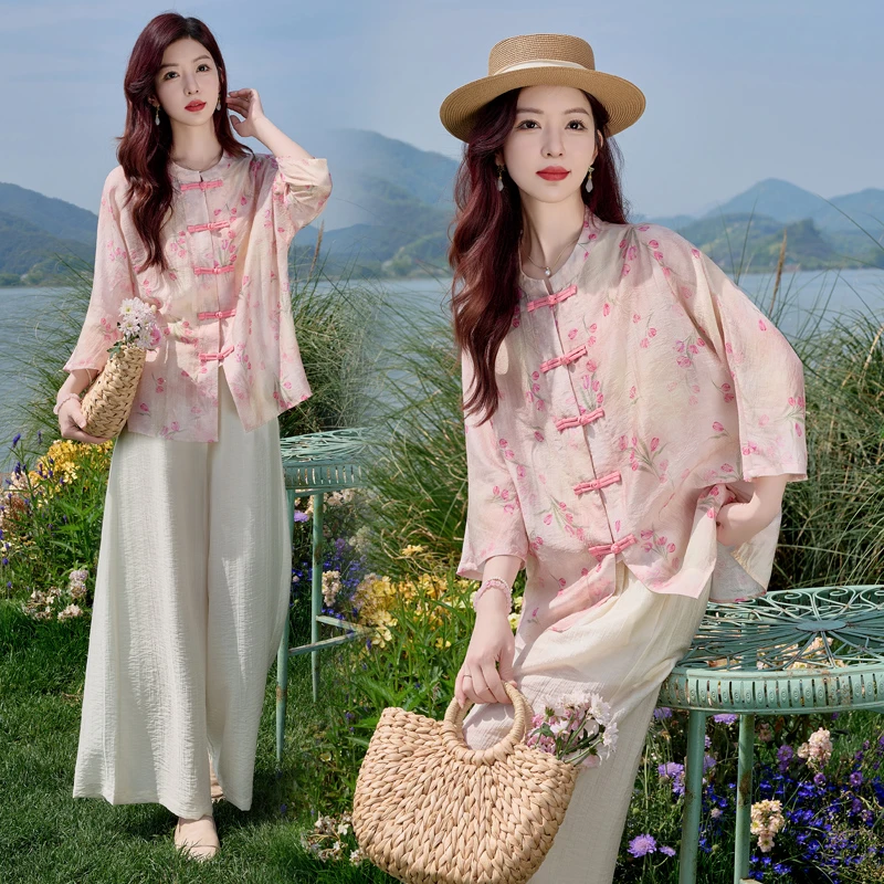 新中式印花套装女夏装2025新款小个子气质显瘦休闲减龄时尚三件套