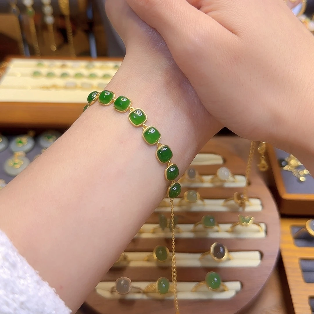 和田玉手链银S925镀金镶嵌