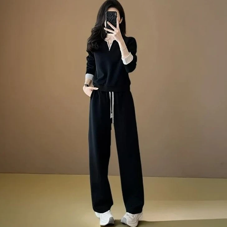 时尚洋气休闲运动套装女士秋季大码显瘦欧货套头卫衣阔腿裤两件套