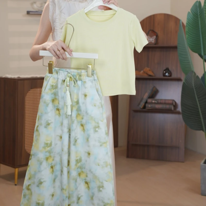 女纯色夏季薄款女童森系碎花套装半身裙春夏宽松阔腿时尚印花
