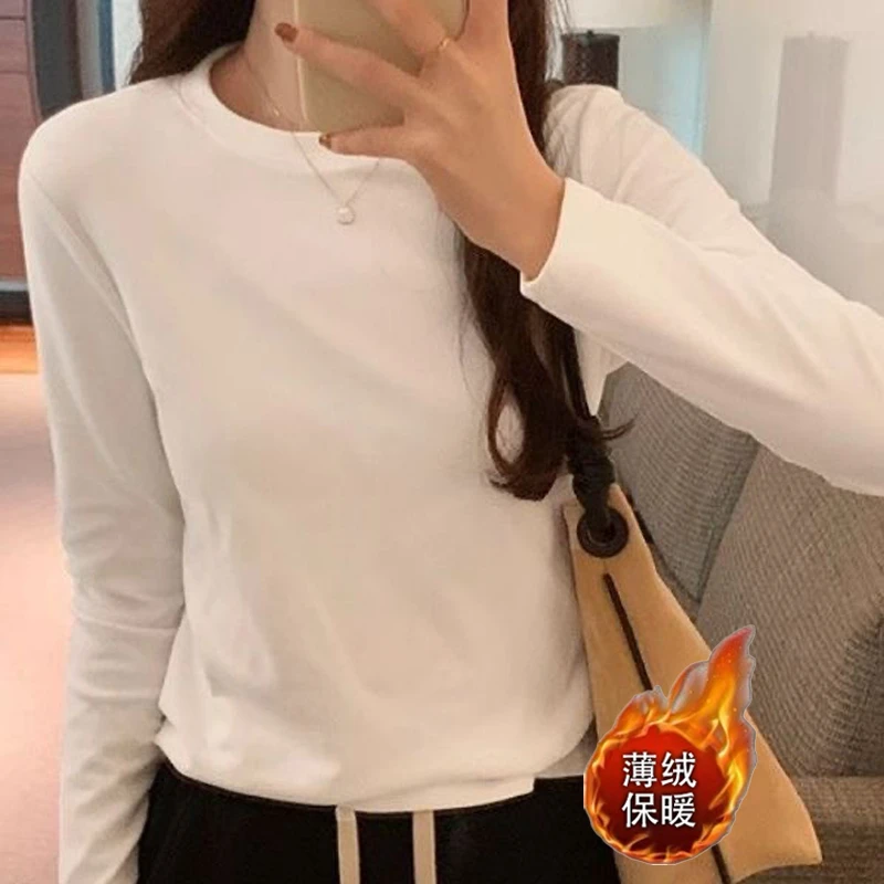 圆领长袖T恤女秋冬白色保暖新款内搭流行韩版打底衫修身遮肉上衣