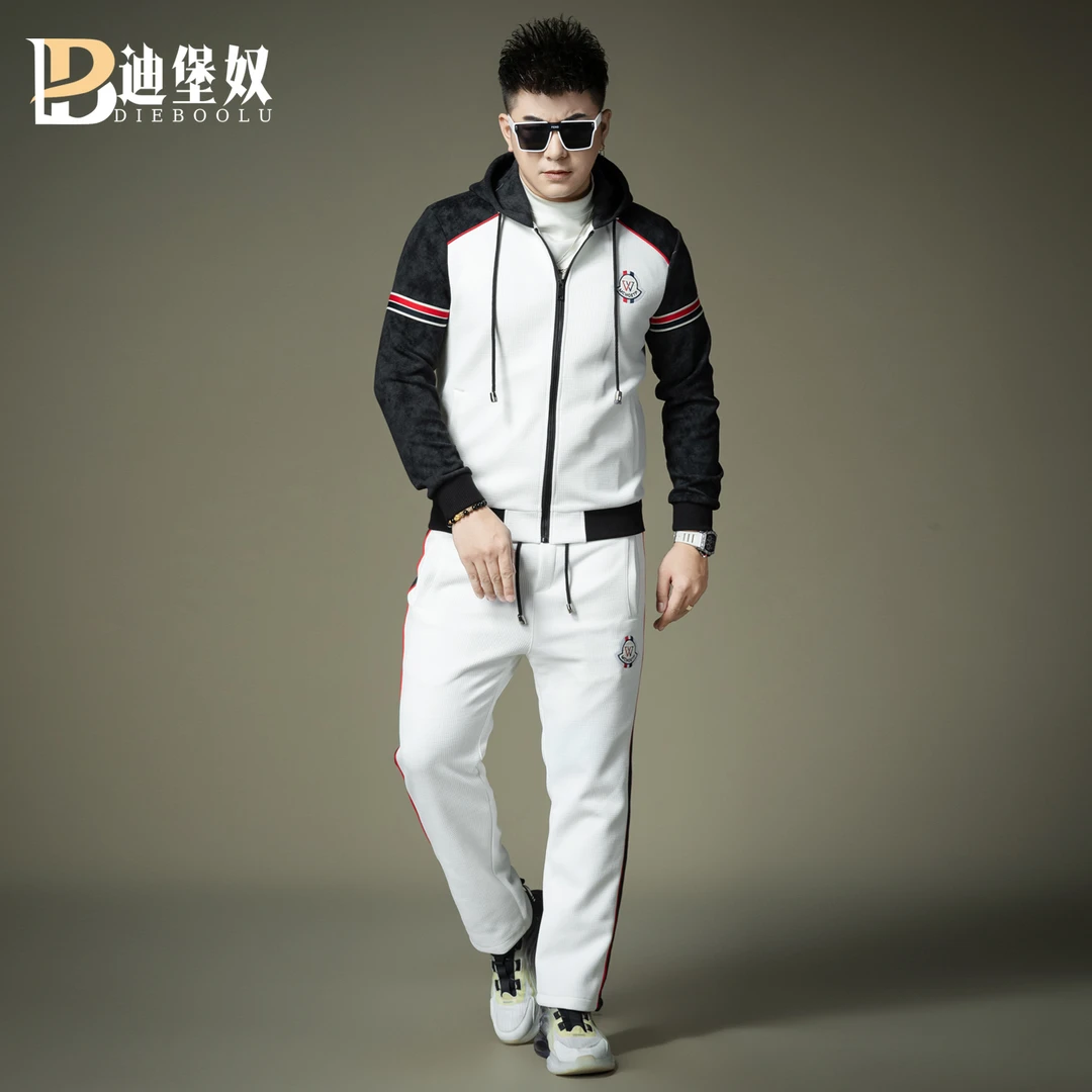 欧洲站轻奢潮牌连帽卫衣套装男2025新款秋冬季修身潮流休闲两件套