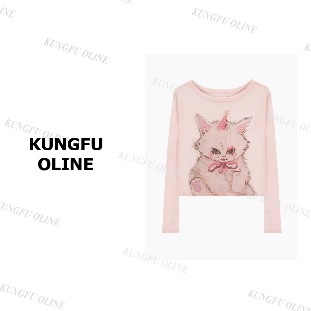 【杨咩咩】小粉猫防晒CT3611玩偶印花设计师小众打底衫薄款上衣长袖