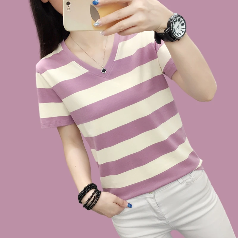 棉质条纹短袖T恤女2025新款夏装宽松妈妈洋气上衣服大码半袖体恤