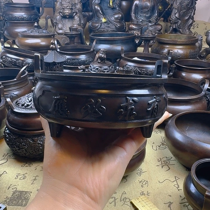 黄铜带字带荷花15口直耳炉