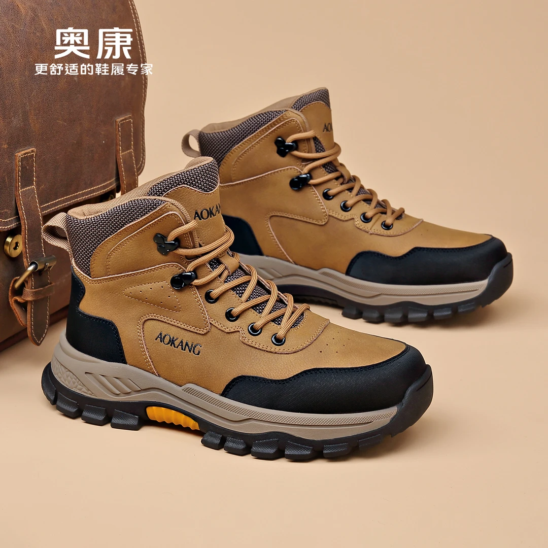 奥康男鞋男士工装鞋防滑增高加绒中帮马丁靴保暖靴子秋冬户外男鞋