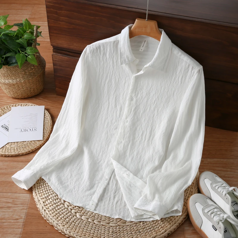 轻奢男士方领衬衣薄款宽松高级感纯色百搭长袖男衬衫春秋季上衣