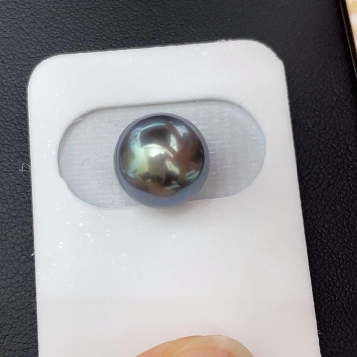 裸珠海水珍珠未镶嵌12.4mm正圆大溪地极光孔雀蓝