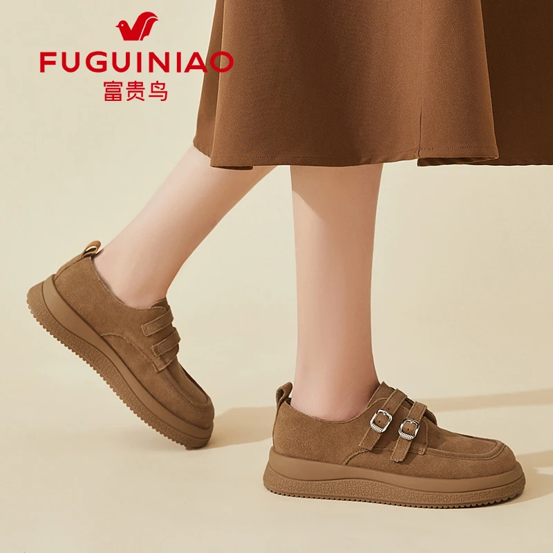 富贵鸟真皮勃肯鞋女2025新款春秋季一脚蹬厚底单鞋复古软底乐福鞋