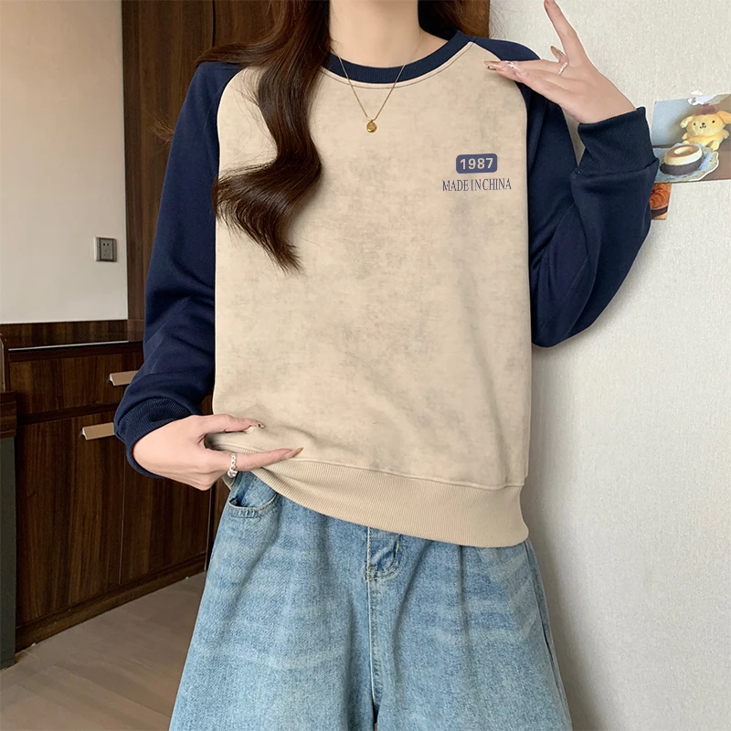 小众设计感圆领扎染卫衣女加绒加厚新款插肩袖拼接撞色长袖上衣潮