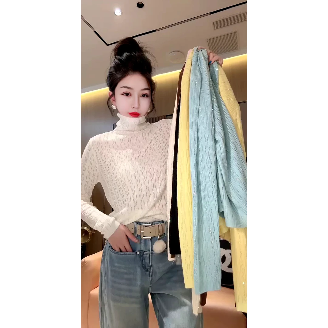 欧货高领重工烫钻水波感长袖针织衫