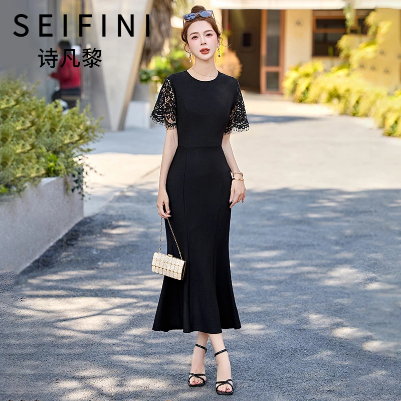 SEIFINI/诗凡黎折扣女装夏季新款黑色连衣裙高贵修身气质鱼尾长裙