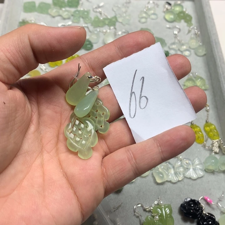 蛇纹石玉耳钉足银镀金镶嵌咿*咿