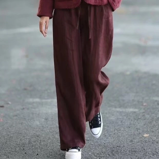 酵洗亚麻休闲长裤抽绳显瘦女裤-双层
