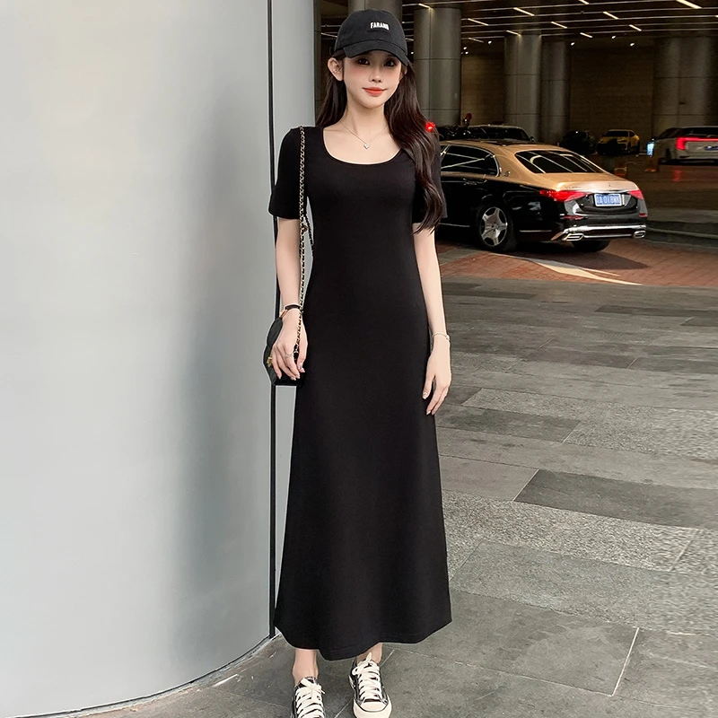 时尚流行潮牌女装气质宽松休闲慵懒显瘦长款a字小黑裙短袖连衣裙