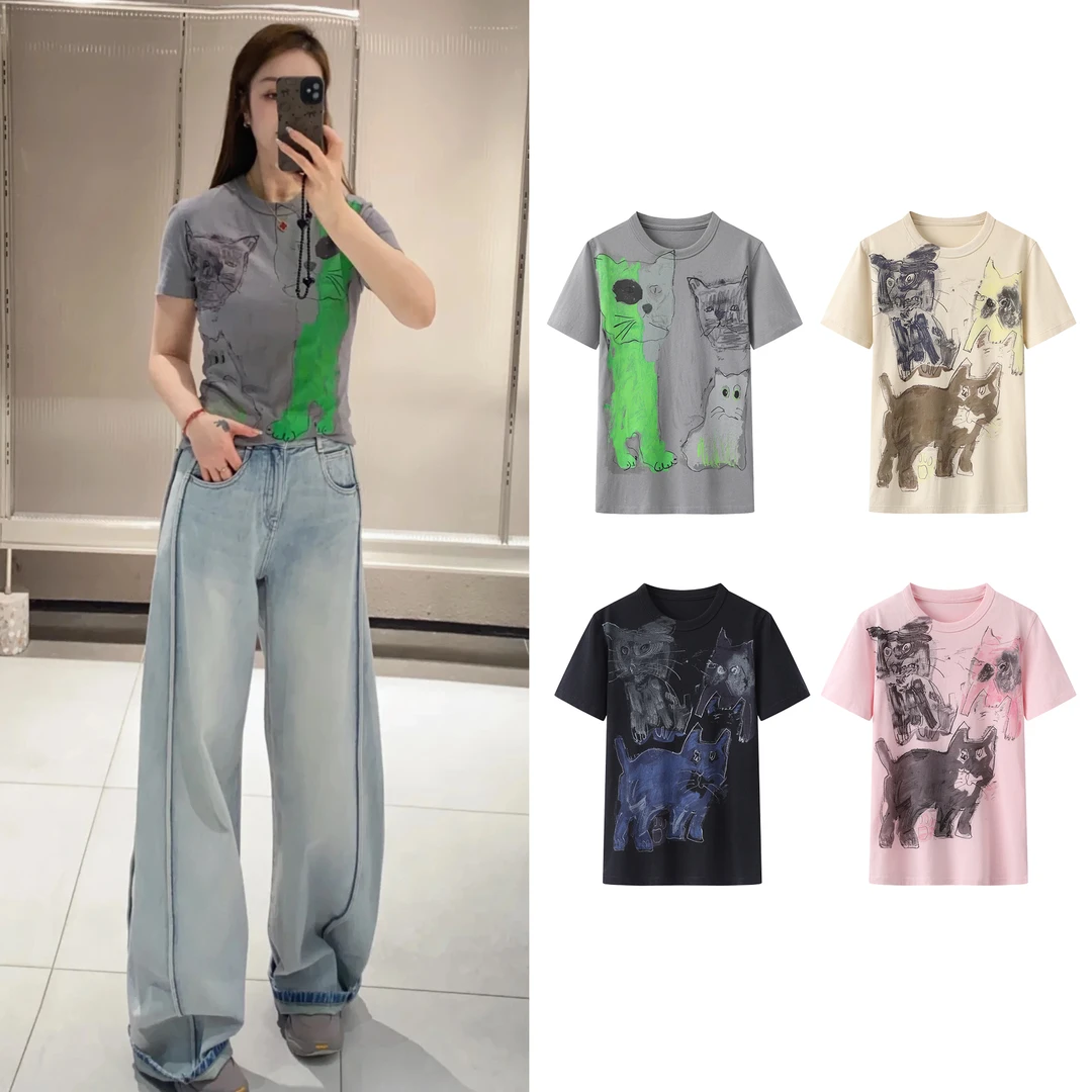 【0239】【正肩小版】4色猫咪印花修身显瘦短款短袖T恤上衣女