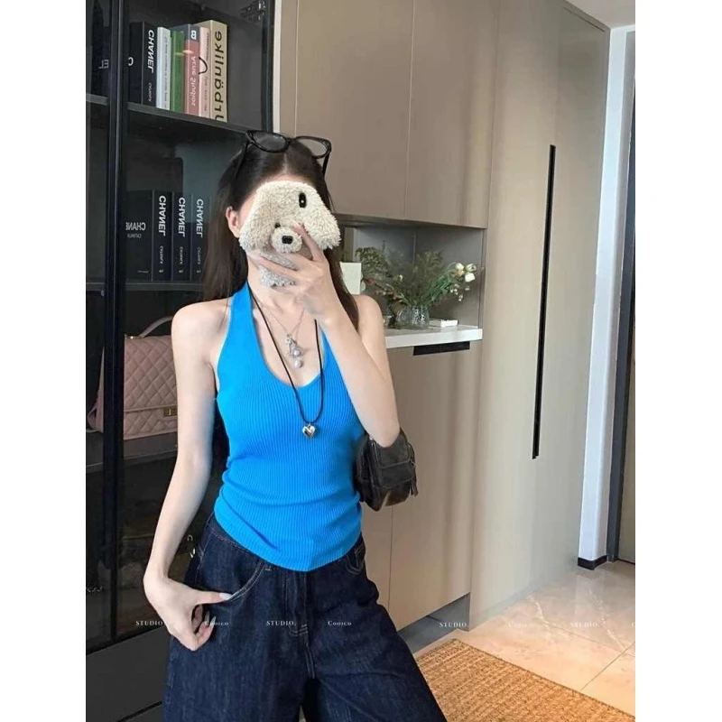 夏季辣妹风纯色针织挂脖吊带背心女复古别致美背修身显瘦无袖上衣