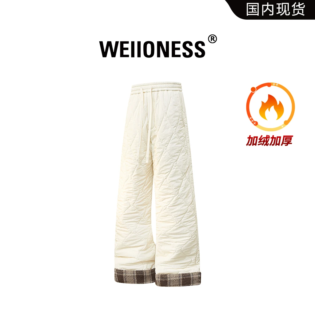 WEIIONESS美式拼接格子休闲裤男款冬季加绒加厚保暖休闲宽松裤子