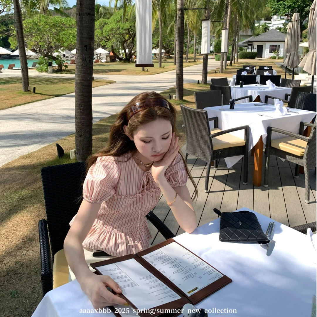 aaaaxbbb 冷雨玫瑰 全棉泡泡袖上衣条纹白色系带蝴蝶结短款t恤女