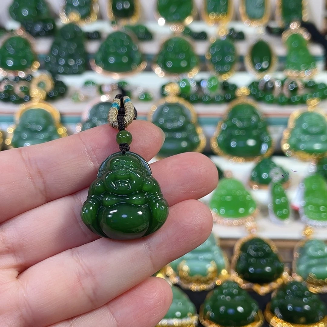 和田玉（碧玉）18K金镶嵌颈饰辣绿佛公25