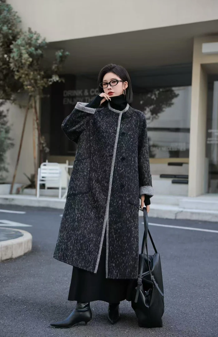 流星雨双面毛呢大衣女2025秋冬长款高级感撞色宽松显瘦设计感外套