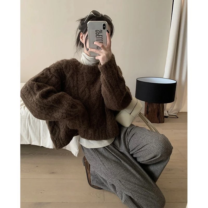 日系复古圆领套头短款麻花2025女秋冬单穿毛衣外穿宽松慵懒风衫