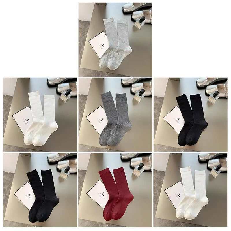 七双装棉质百搭春季纯色女士中长筒袜子W5008