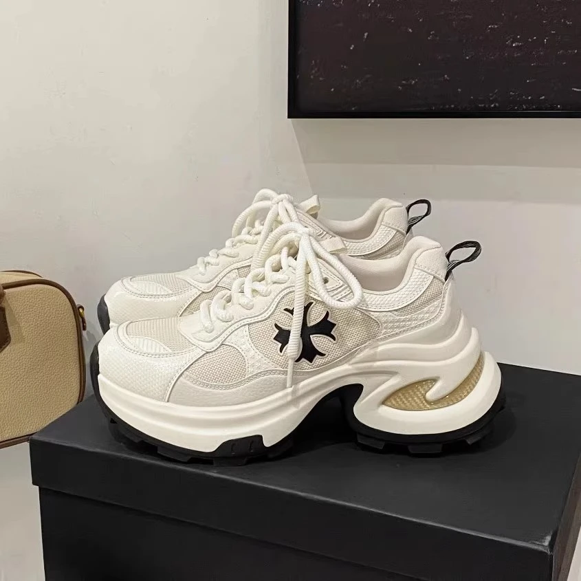 网红时尚增高十字花厚底老爹鞋女2025春秋新款透气跑步休闲运动鞋