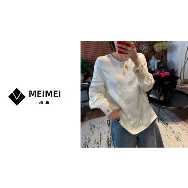 XMM.【缎面重工袖衬衣】长袖网红白色针织时尚百搭打底套头2501C121