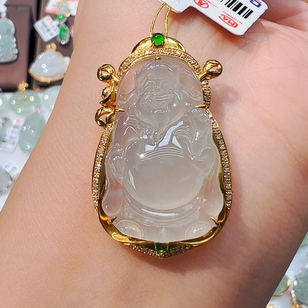 翡翠18K金镶嵌吊坠(不含链)财神爷